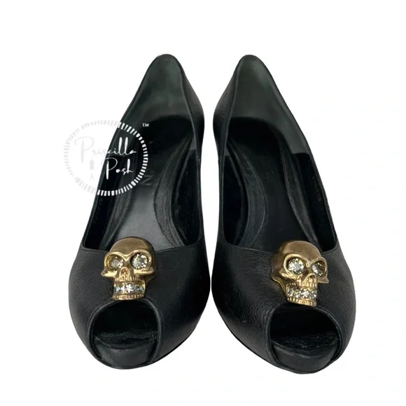 Alexander McQueen Skull Peep Toe Pumps Gold Skull Crystals Black Leather - Picture 9 of 15